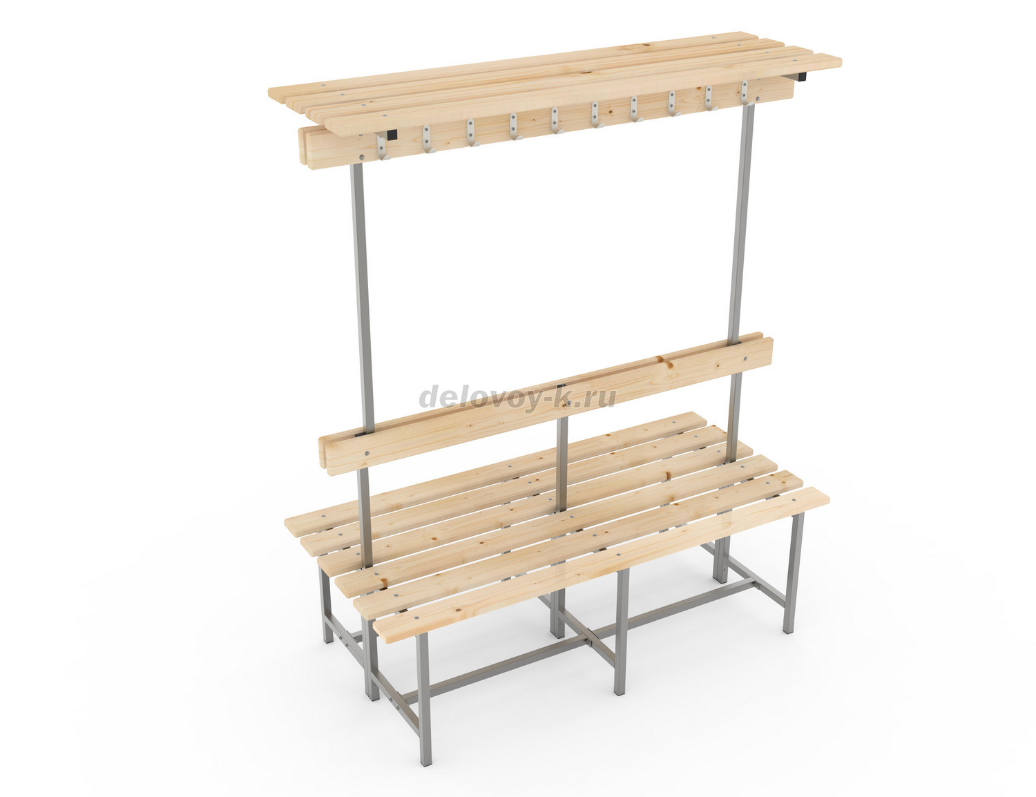 Скамья с деревянным настилом СВТ-8(2) двойная, с крючками, полкой, регулируемой опорой 1500х715х1790 фото 1